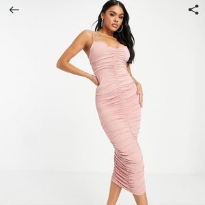 ASOS DESIGN Cami Strap Ruched Midi Blush Pink Dress